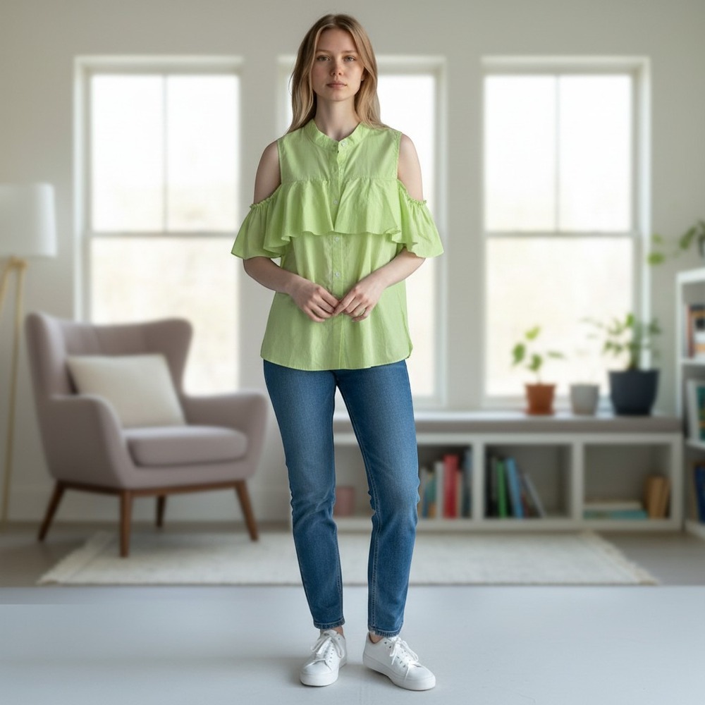 Vince Camuto Lime Green Cold Shoulder Ruffle Blouse Petite Medium NWT